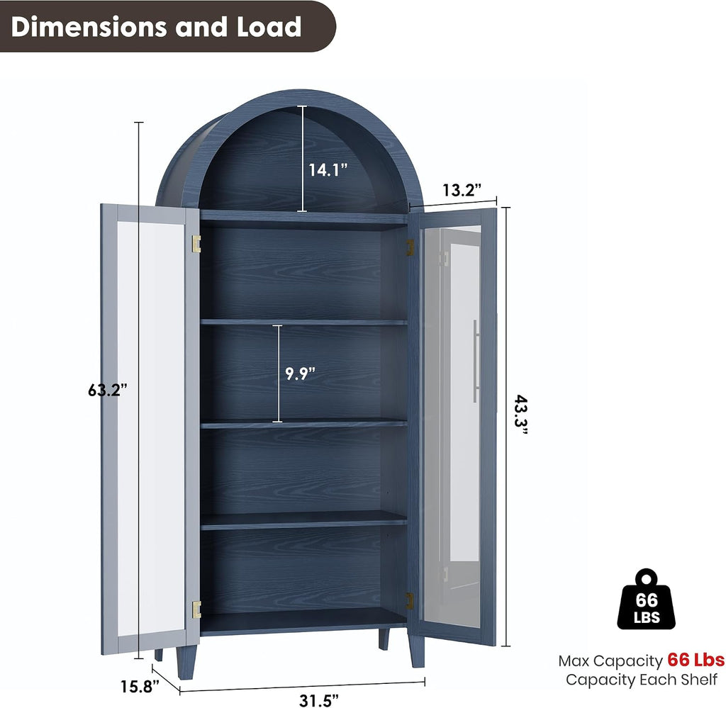 GarveeHome Arched Kitchen Pantry Cabinet - Farmhouse 5 Tier Display Shelf with Adjustable Shelf and 2 Large Glass Doors, Versatile Storage Cupboard for Kitchen, Dining Room, Living Room, Night Blue