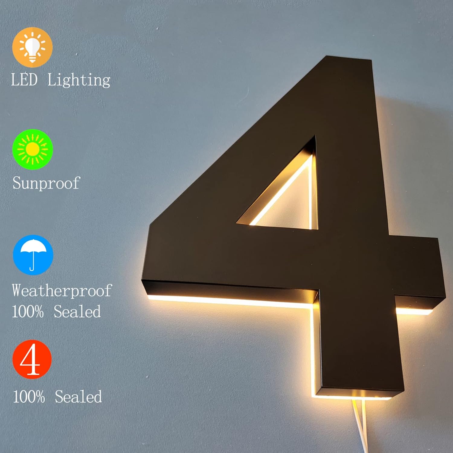 Backlit LED House Numbers, Stainless Steel LED Floating Home Address Number Sings, Modern Light Up House Numbers For Outside, Yard, Street, Black, Warm Light.,14 Inch,2