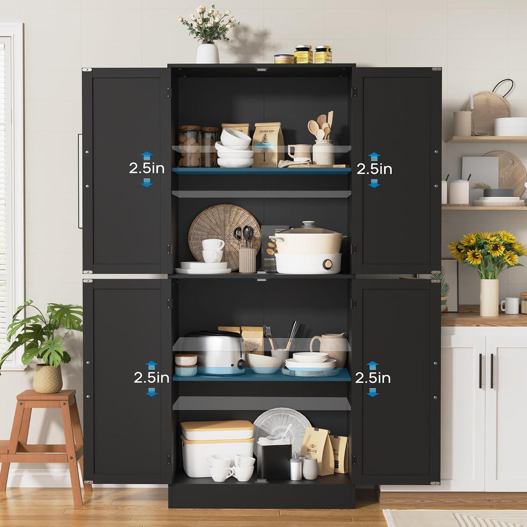 MHOM 71' Farmhouse Pantry Cabinet, Tall Storage Cabinet with 4 Doors and Adjustable Shelves, Freestanding Pantry for Dining Room, Kitchen, and Living Room, Black
