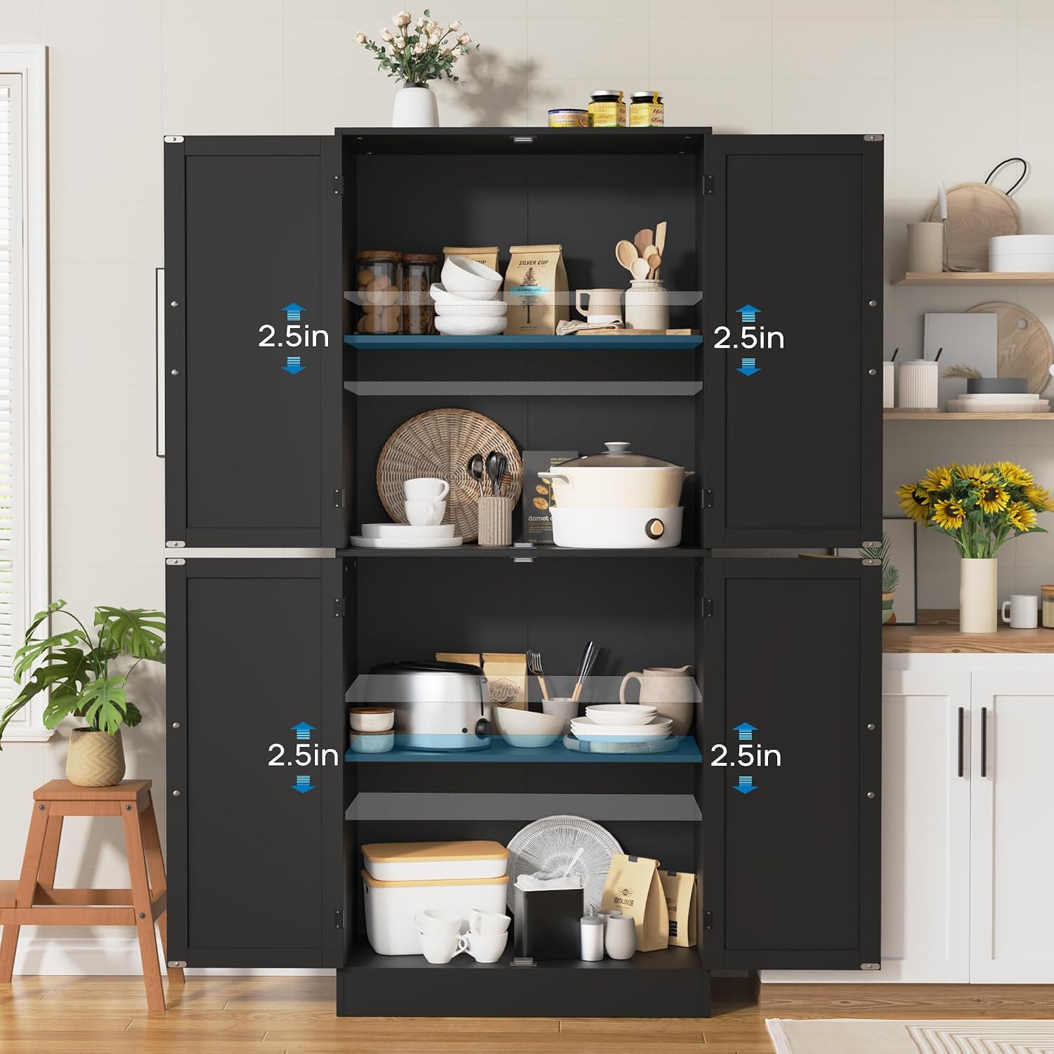 MHOM 71' Farmhouse Pantry Cabinet, Tall Storage Cabinet with 4 Doors and Adjustable Shelves, Freestanding Pantry for Dining Room, Kitchen, and Living Room, Black