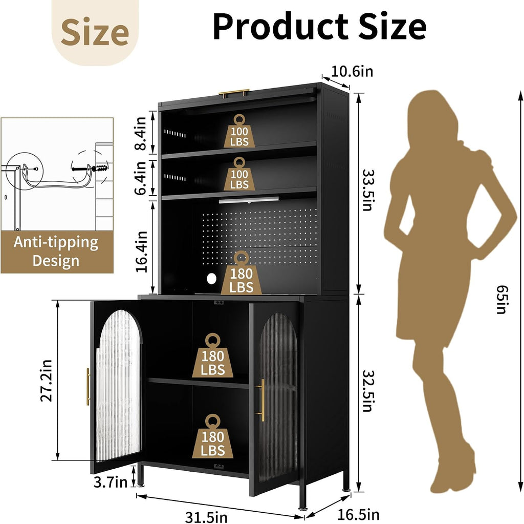 BECHEAO 5 Tier Metal Kitchen Pantry Storage Cabinet with LED Sensor Light, 66' Tall Food Pantry Cabinet, DIY Pegboard, Adjustable Shelves, Microwave Stand & Coffee Bar with Storage for Kitchen, Black