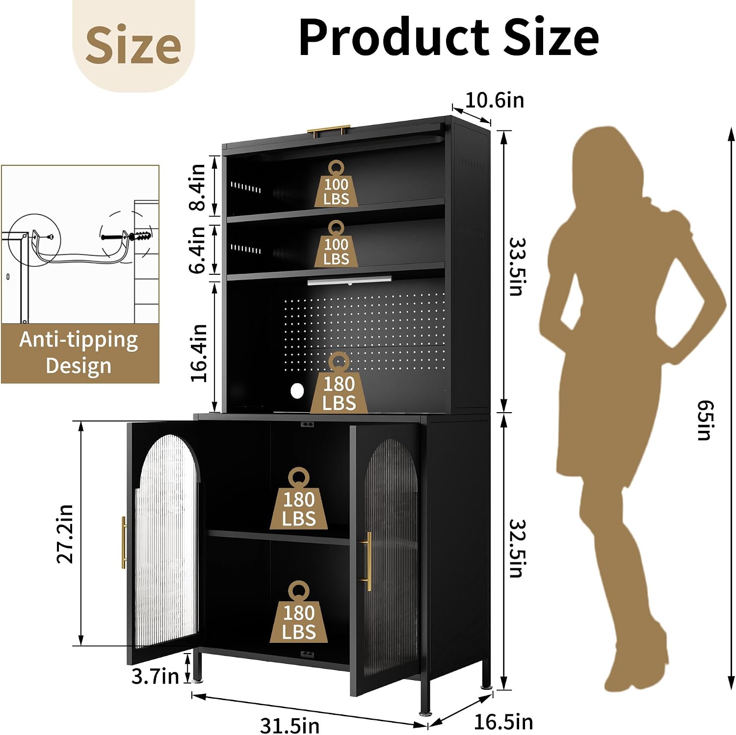 BECHEAO 5 Tier Metal Kitchen Pantry Storage Cabinet with LED Sensor Light, 66' Tall Food Pantry Cabinet, DIY Pegboard, Adjustable Shelves, Microwave Stand & Coffee Bar with Storage for Kitchen, Black