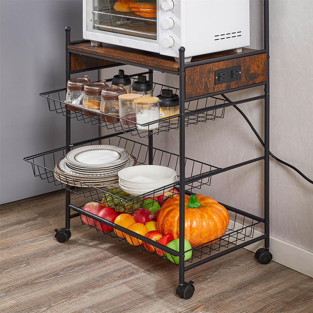 Large Bakers Rack Microwave Stand with Power Outlets & Oven shelf Wire Basket, Kitchen Storage Shelf with Wheels and Removable Micorwave Coffee Bar for Living Room, Spice, Pots and Pans Organiz