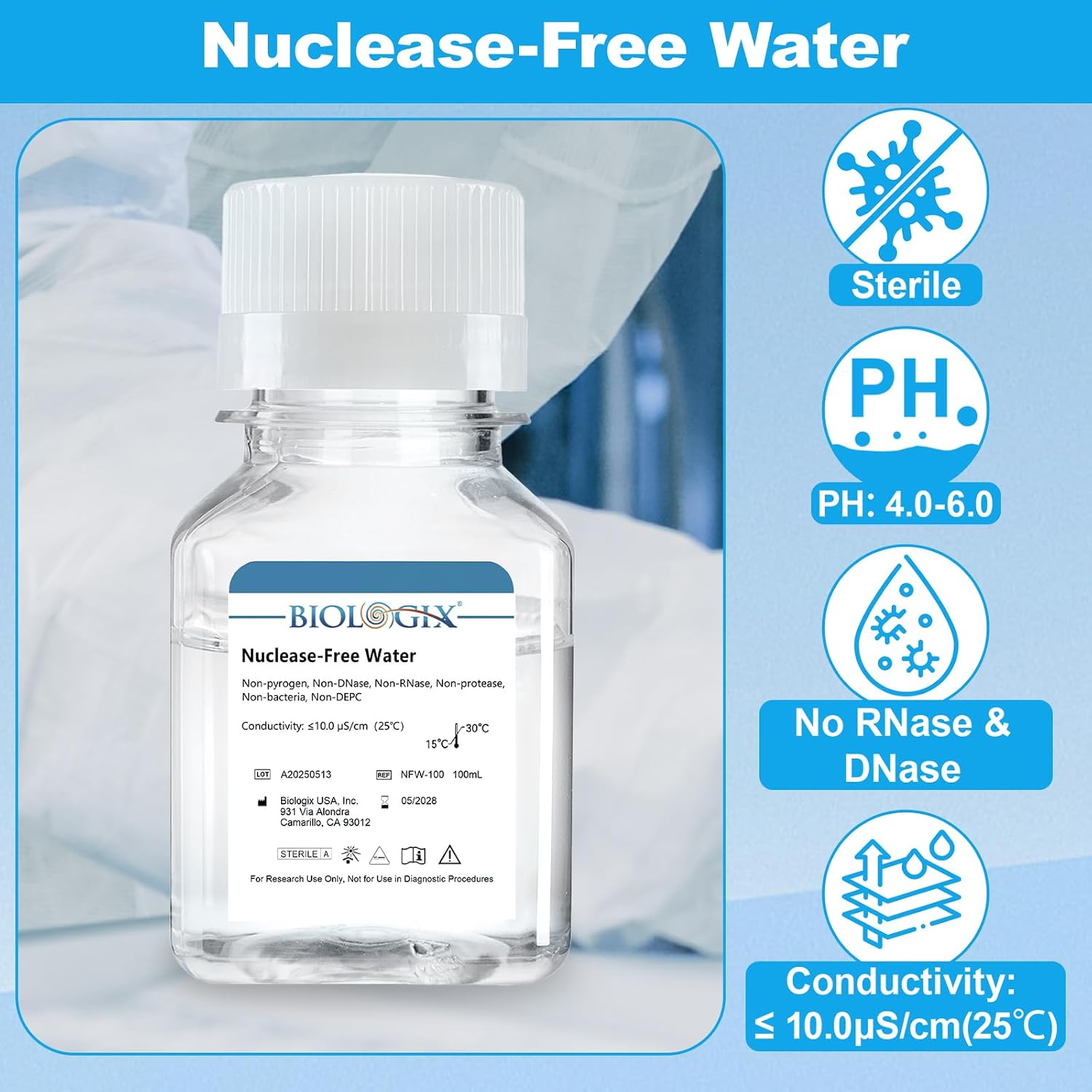 Ultra Pure Water, Nuclease Free Water Molecular Biology Grade, Sterilization, DNase, RNase, Protease, Endotoxins (Pyrogen) Free, PCR/RT-PCR Certified, 100ml/Bottle, 40 Bottles/Case