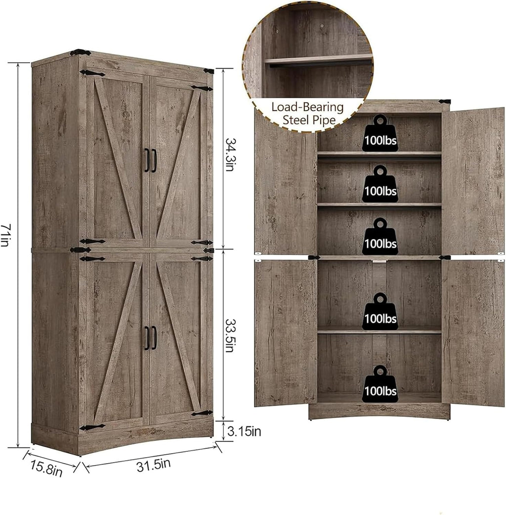 71' Tall Kitchen Pantry,Farmhouse Storage Cabinet with Adjustable Shelves,Load-Bearing Steel Pipe,Farmhouse Pantry Cabinet with 4 Barn Doors,for Kitchen,Dining Room,Living Room(Light Rustic Oak)