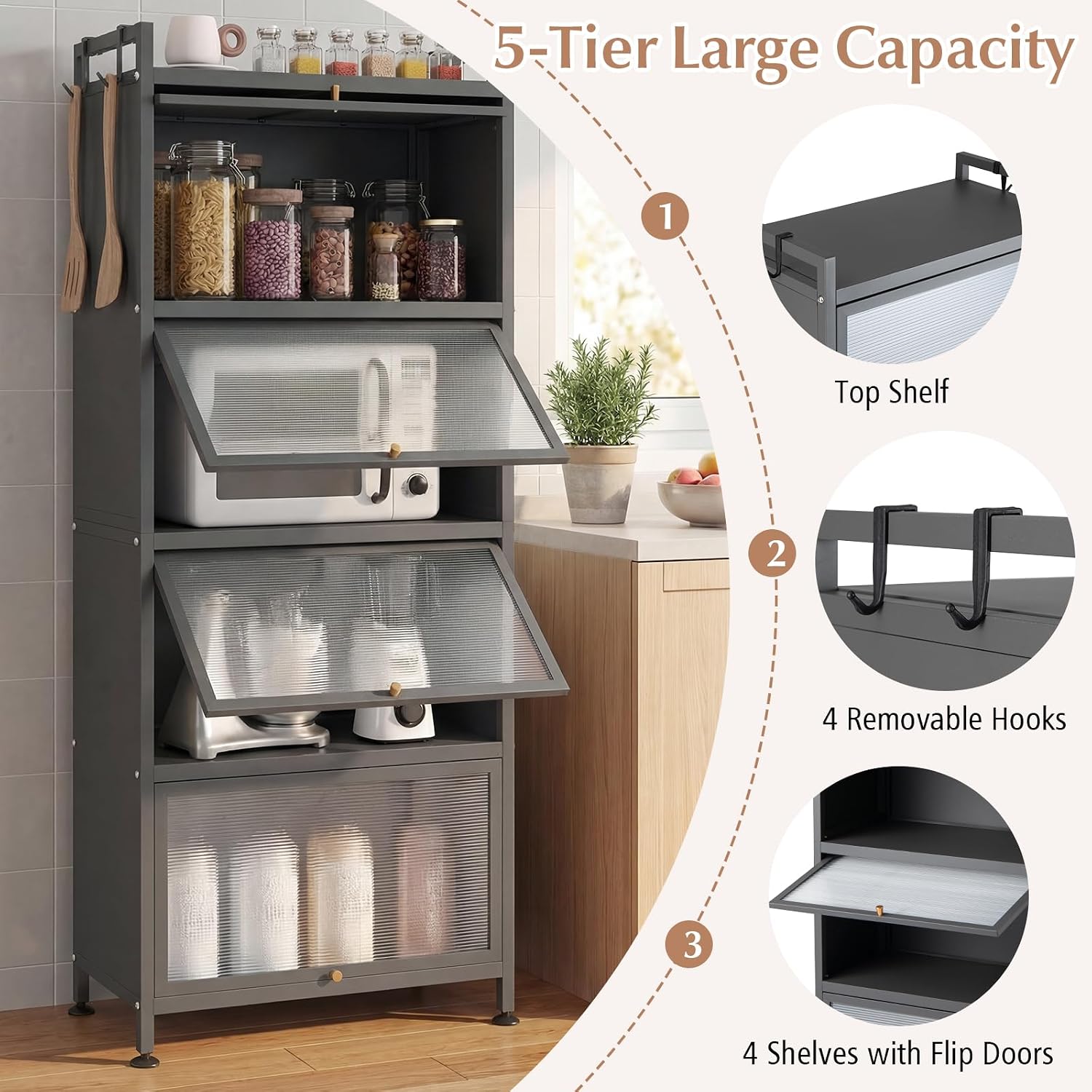 Giantex 5-Tier Kitchen Storage Cabinet, Freestanding Metal Pantry Cabinet w/ 4 Flip-up PC Doors, 4 Hooks & Adjustable Feet, 60' Tall Bakers Rack Microwave Stand for Dining Room, Living Room, Grey