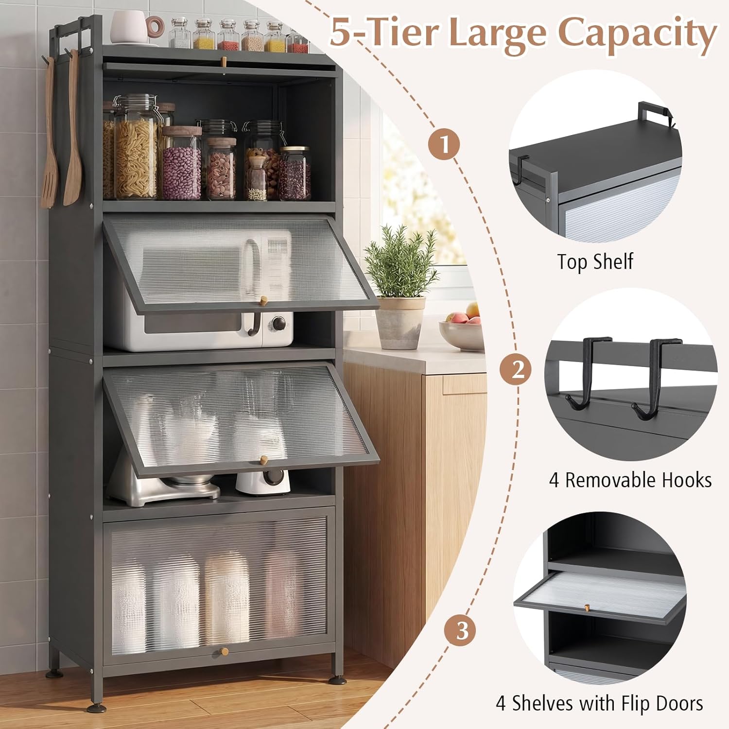 MAT EXPERT 5-Tier Kitchen Storage Cabinet, Freestanding Appliance Cabinet on Wheels with Flip Door & Anti-Topping Device, Kitchen Pantry Bakers Rack for Living Room, Study(Grey)