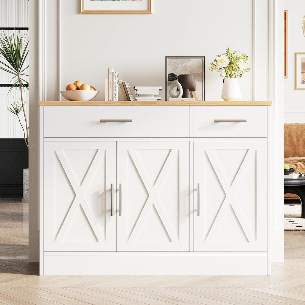 Vongrasig 43' Coffee Bar Cabinet, Farmhouse Buffet Cabinet with Storage, Sideboard Buffet with Drawers and Shelves for Kitchen, White