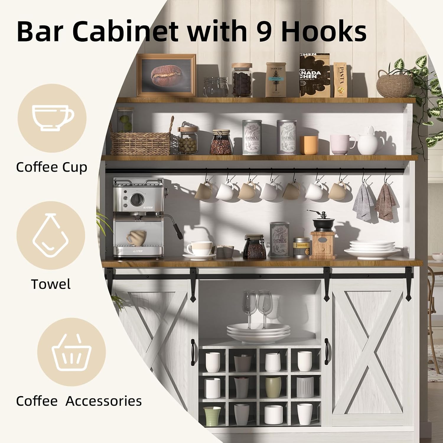BestHaped 55'' Farmhouse Coffee Bar Cabinet with 3 Tier Storage Hutch, Coffee Bar Station with Sliding Barn Door, Hutch Storage Cabinet with 12 Wine Racks & 9 Hooks for Kitchen Dining Living Room