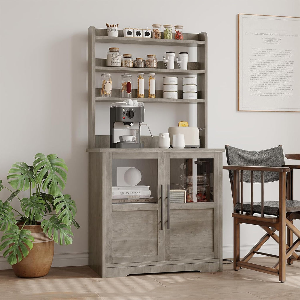 Microwave Stand & Coffee Bar Cabinet | 6-Tier Kitchen Bakers Rack with Storage, Power Outlet, and Glass Doors | Freestanding Tall Wooden Hutch for Dining Room Organization