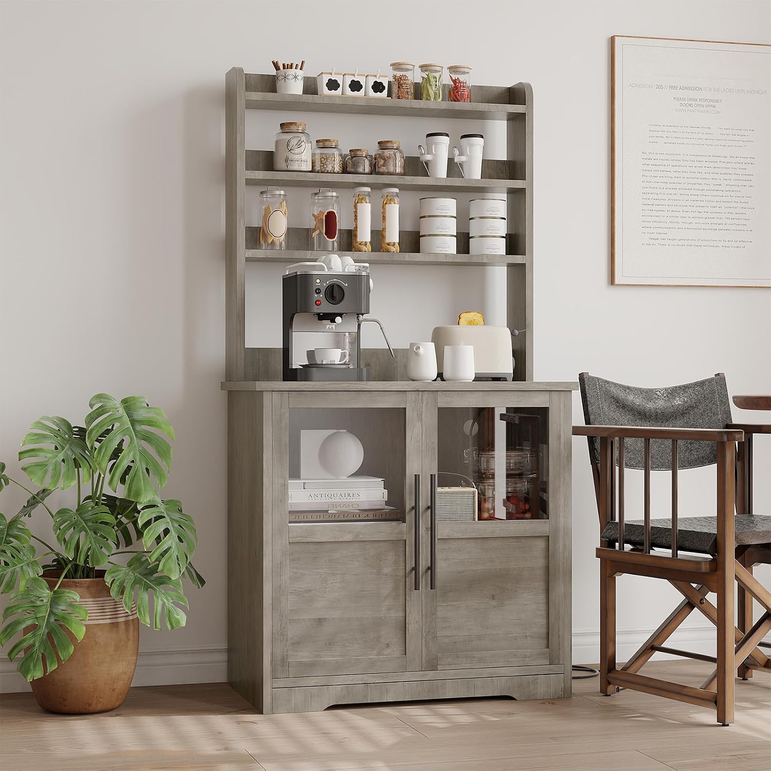 Microwave Stand & Coffee Bar Cabinet | 6-Tier Kitchen Bakers Rack with Storage, Power Outlet, and Glass Doors | Freestanding Tall Wooden Hutch for Dining Room Organization