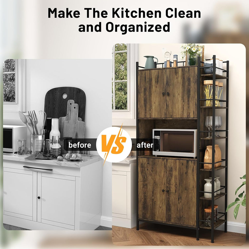 Industrial Style Kitchen Pantry Storage Cabinet, Brown Tall Kitchen Hutch with Microwave Stand, Food Pantry Cabinet with Side 6 Shelves and 2 Doors for Dining Room, Living Room