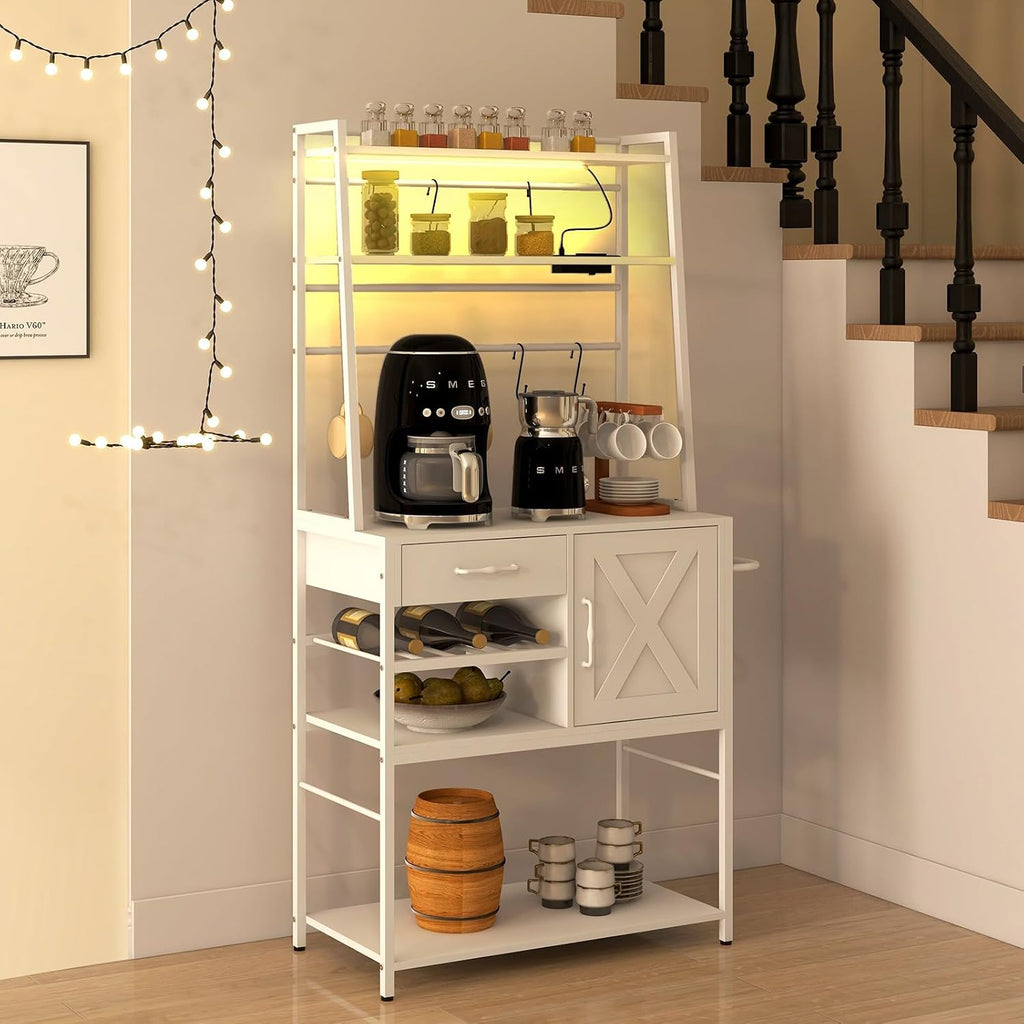 with Power Socket Kitchen Baking Rack, with Led Light, Drawer, Barn Door and S-Hook, Freestanding Kitchen Appliance Organizer (White)
