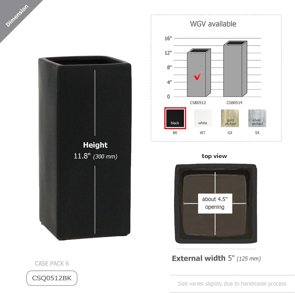 WGV Ceramic Block Vase Bulk, 5' W x 12' H, (Multiple Size/Color Choices) Matte Tall Square Flower Planter Pot, Accents Home Office Tabletop Decor, Ideal Gifts Black 6 Pieces (CSB0512BK)