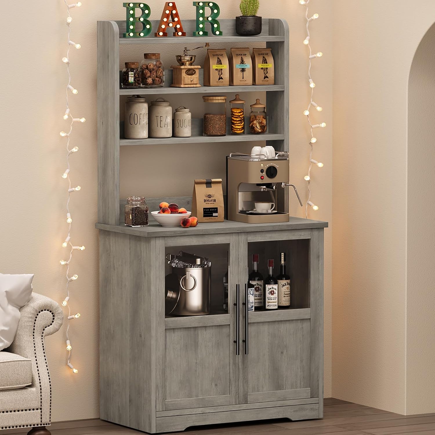 6-Tier Kitchen Bakers Rack With Power Outlet Microwave Stand Bakers Rack With Storage Cabinet Farmhouse Small Kitchen Pantry Hutch With Door Thickened Counter, Coffee Bar Storage Shelves, Grey