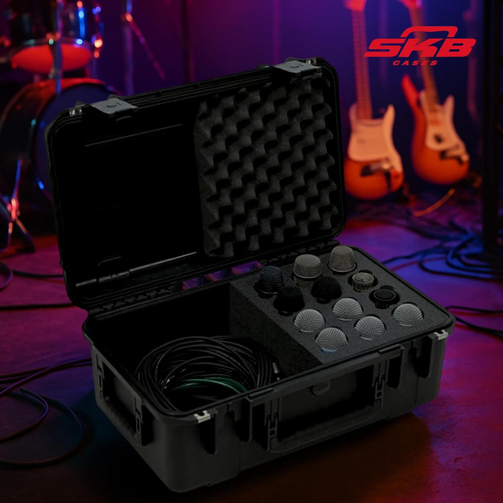 SKB iSeries Microphone Hard Case, Waterproof Polypropylene Shell with 12-Slot Foam Interior and Cable Storage for Mic System Protection