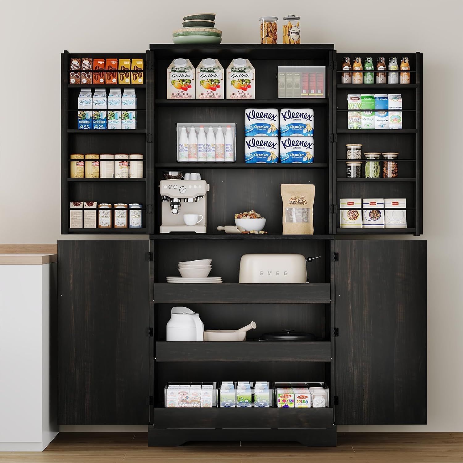 REVOMINCA Pantry Cabinet, 72 Inch Tall Kitchen Pantry Cabinet with Barn Door, Freestanding Storage Cabinet with Drawer & Adjustable Shelves, Pantry Organizer for Kitchen Dining Room Living Room, Oak