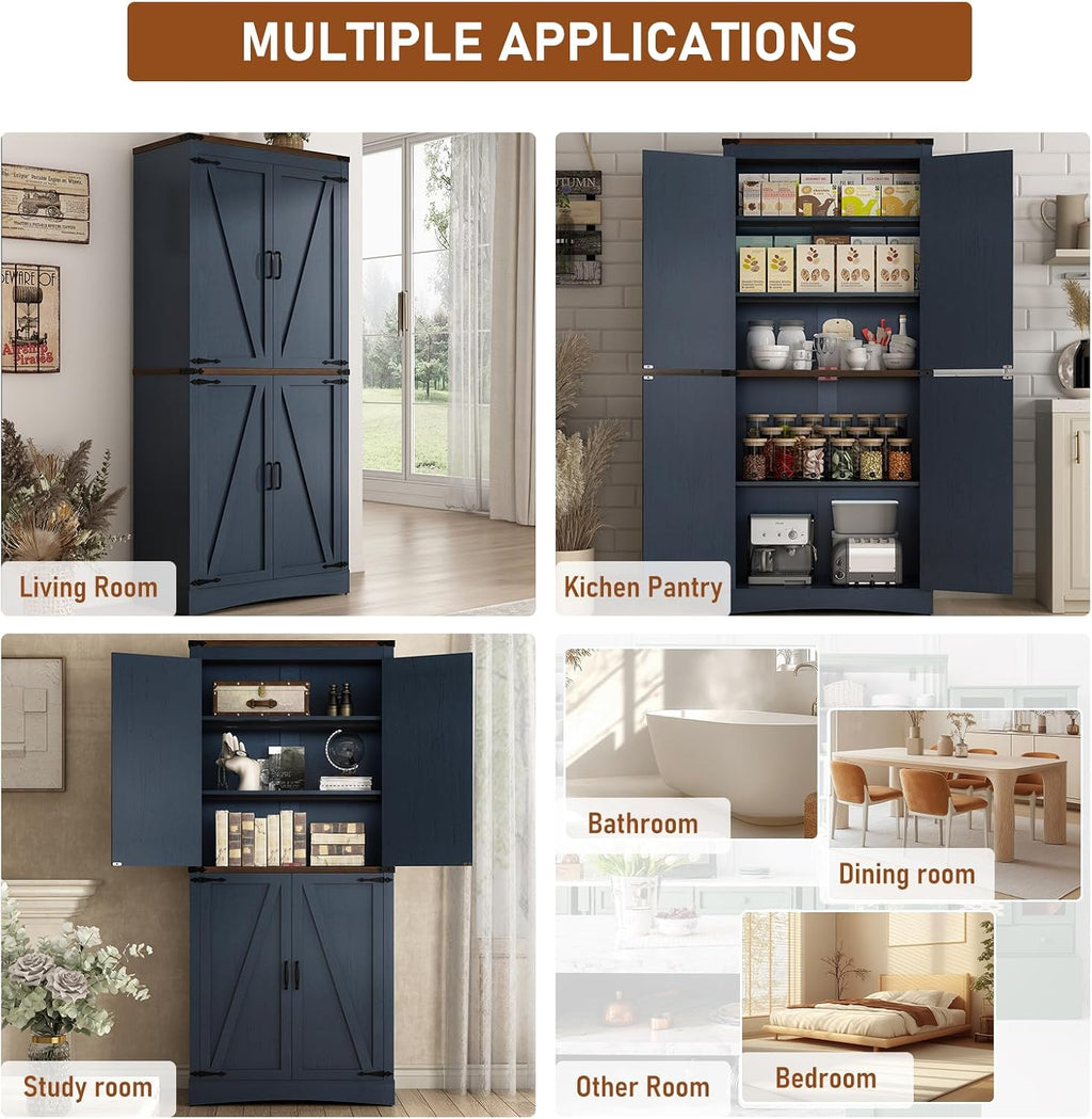 Hlivelood 71' Tall Kitchen Pantry,Farmhouse Storage Cabinet with Adjustable Shelves,Load-Bearing Steel Pipe,Farmhouse Pantry Cabinet with 4 Barn Doors,for Kitchen,Dining Room,Living Room(Blue)