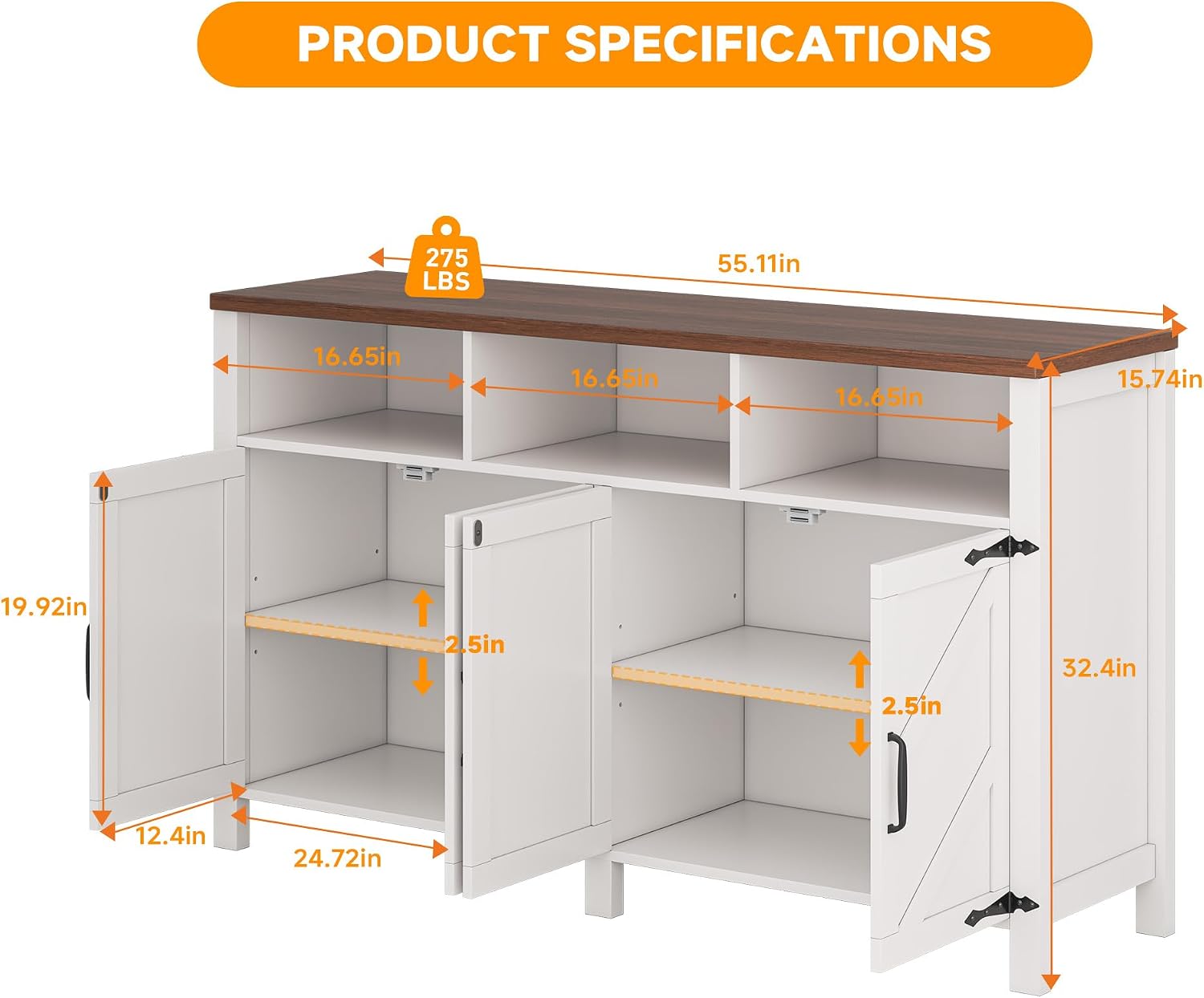 knoworld Buffet Sideboard with Storage Farmhouse with 4 Doors, 55'' Large Kitchen Storage Cabinet Wood Coffee Bar Cabinet Buffet Table with Shelves for Kitchen, Dining Room, Entryway