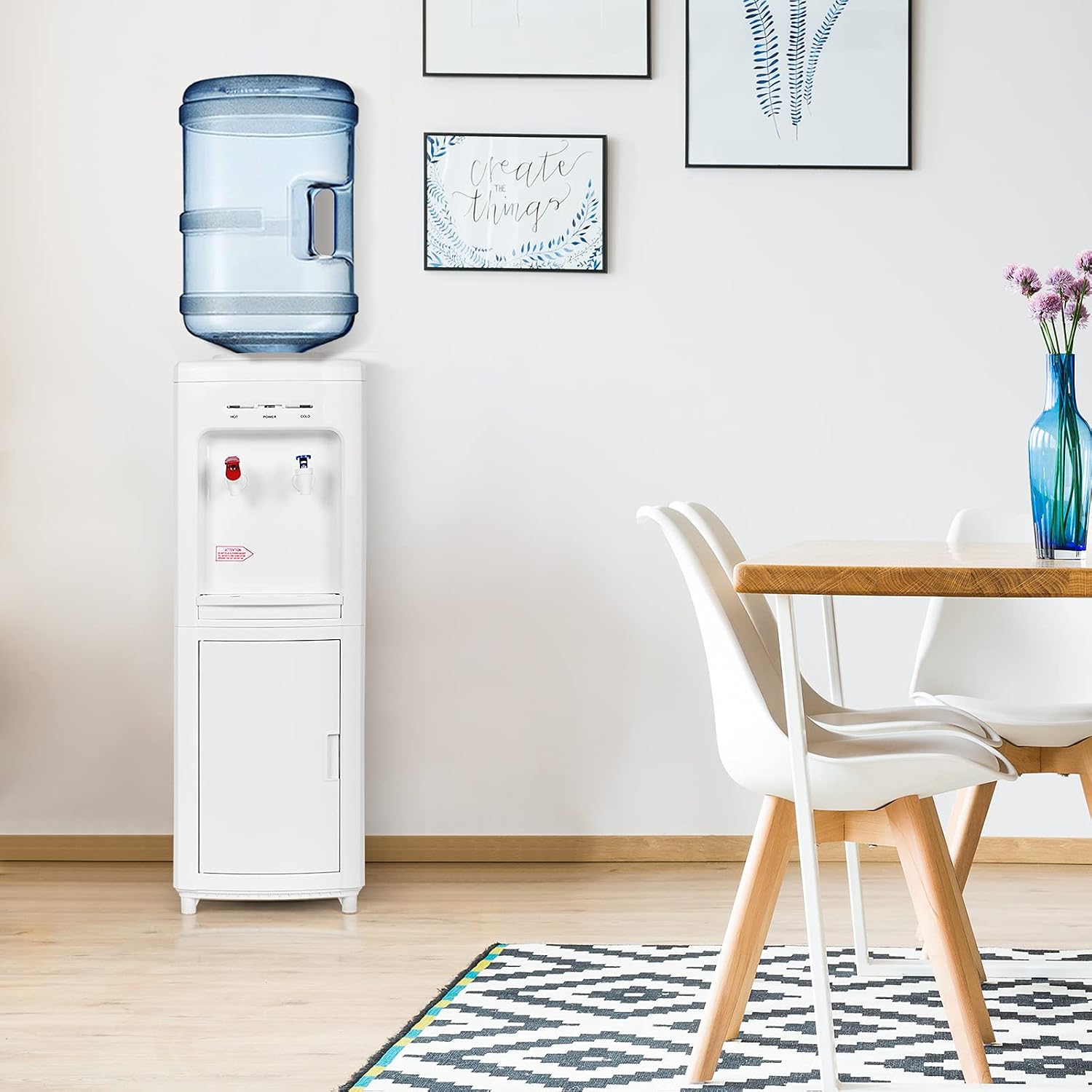 GOFLAME Water Cooler Dispenser Top Loading, Water Dispenser with Hot & Cold Water, Storage Cabinet, Child Safety Lock, Holds 3-5 Gallon Bottles for Home Office Dorm
