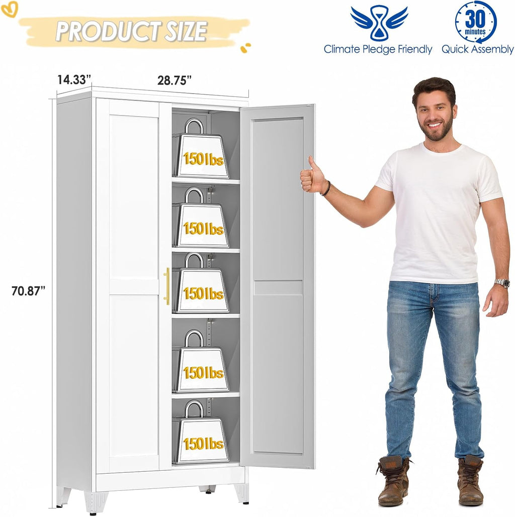 GAIOUS 71' Tall Metal Storage Cabinet with 2 Doors and 4 Adjustable Shelves, Kitchen Pantry Cabinet White Freestanding Cupboard, 5 Tier Multifunctional Steel Storage for Office, Kitchen, Dining Room