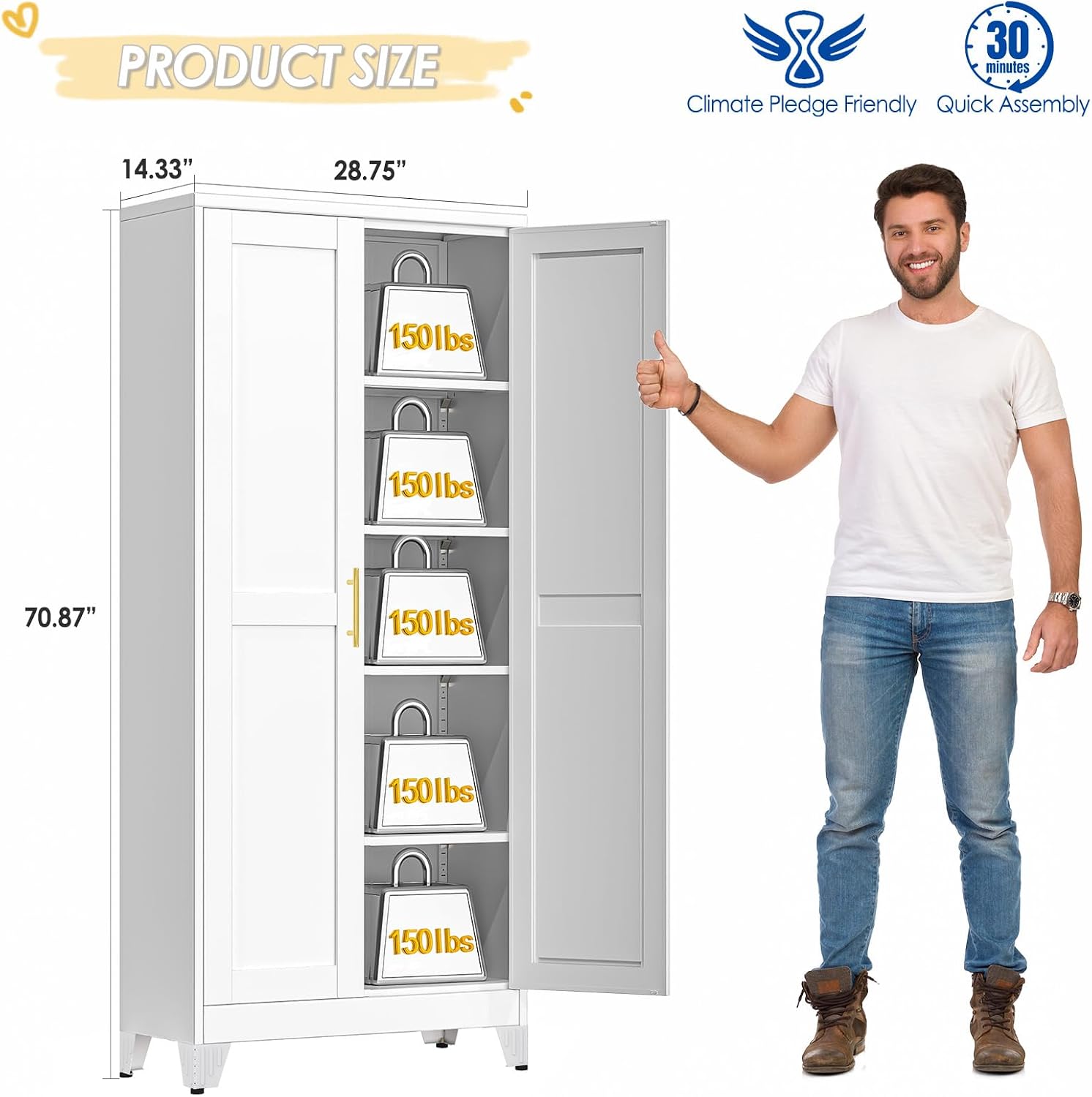 GAIOUS 71' Tall Metal Storage Cabinet with 2 Doors and 4 Adjustable Shelves, Kitchen Pantry Cabinet White Freestanding Cupboard, 5 Tier Multifunctional Steel Storage for Office, Kitchen, Dining Room
