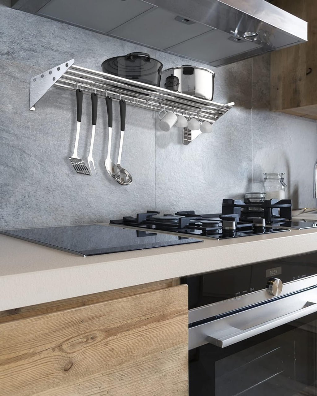 GAOMON 2 Pack Wall Mount Shelves 12' x 36' NSF Certified Stainless Steel with 10 S Hooks - Versatile Metal Storage Racks with Backsplash for Organizing Cookware in Home and Kitchen