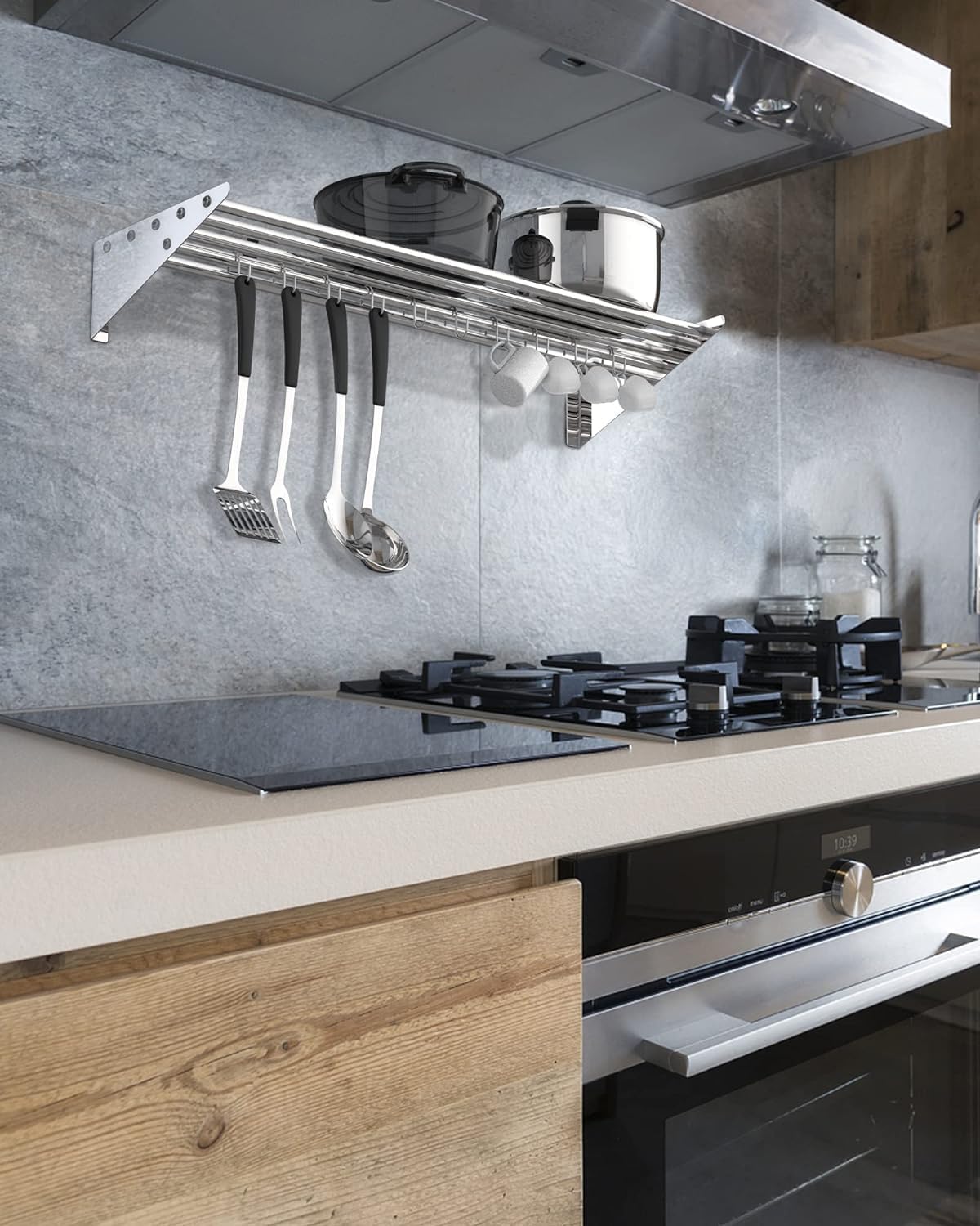 GAOMON 2 Pack Wall Mount Shelves 12' x 36' NSF Certified Stainless Steel with 10 S Hooks - Versatile Metal Storage Racks with Backsplash for Organizing Cookware in Home and Kitchen
