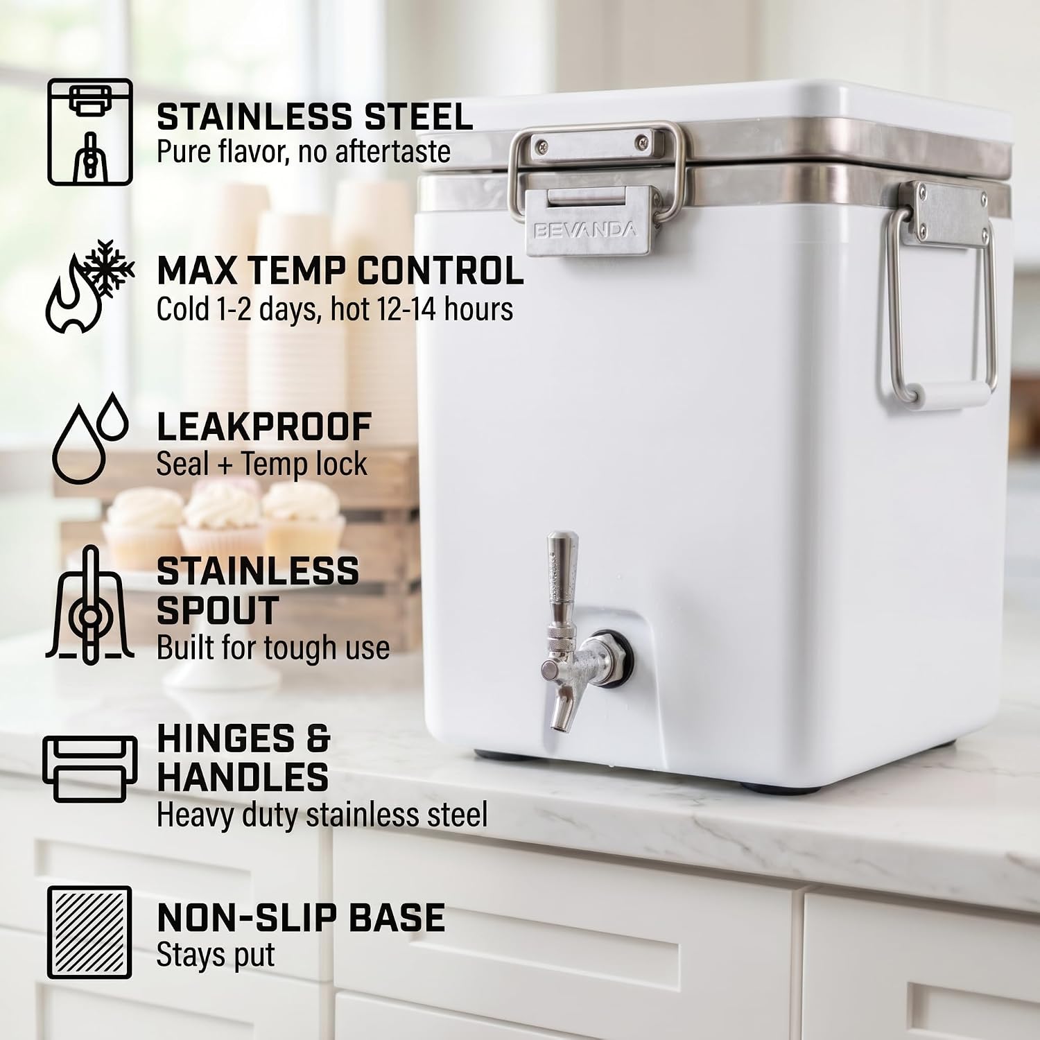 Bevanda - Sperse 5 Gallon Stainless Steel Drink Dispenser - Large Insulated Beverage Dispenser for Parties, Catering, and Home Entertaining - Leakproof & Durable (Tan)