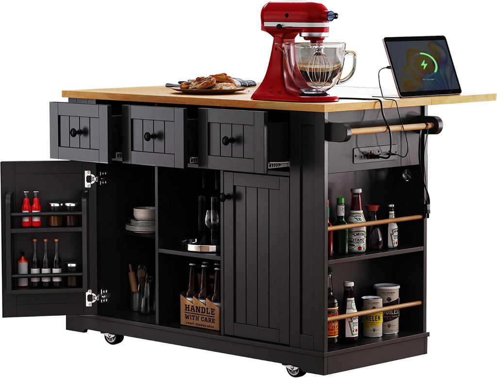 Classic Large Kitchen Island with Drop Leaf, Power Outlet, Door Internal Storage Rack, Rolling Kitchen Storage Cart on 5 Wheels with 5 Open Side Racks, 3 Drawers for Home, Dining Room (Black/Wheels)
