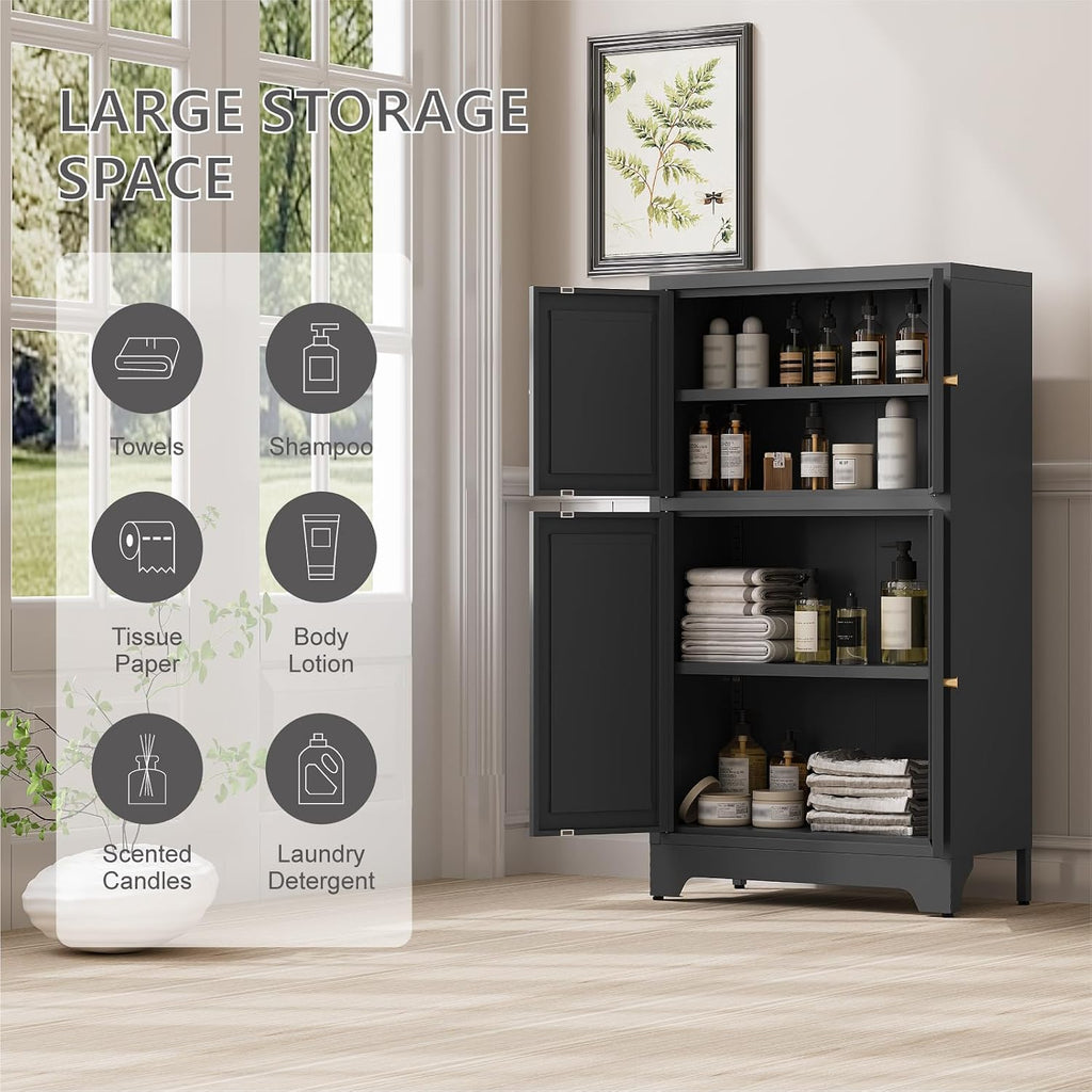 Metal Bathroom Storage Cabinet, Freestanding Pantry Floor Cabinet with 4 Doors and 2 Adjustable Shelves for Living Room, Dining Room, Kitchen