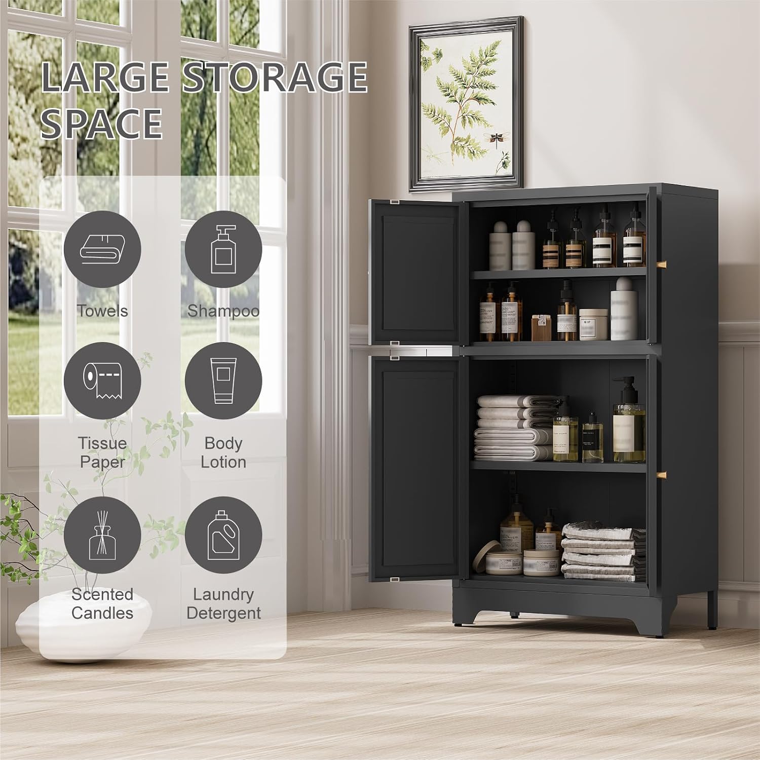 Metal Bathroom Storage Cabinet, Freestanding Pantry Floor Cabinet with 4 Doors and 2 Adjustable Shelves for Living Room, Dining Room, Kitchen
