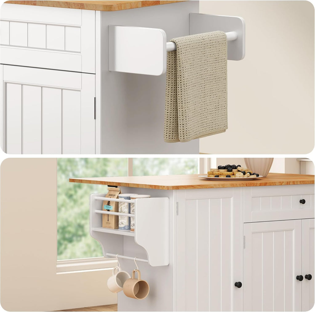 Ahomly Kitchen Island with Storage, Island Table for Kitchen with Drop Leaf, 5 Wheels, Interal Storage Rack, a Drawer, Spicy Rack and Towel Bar, Sufficient Countertop Space and Storage, White
