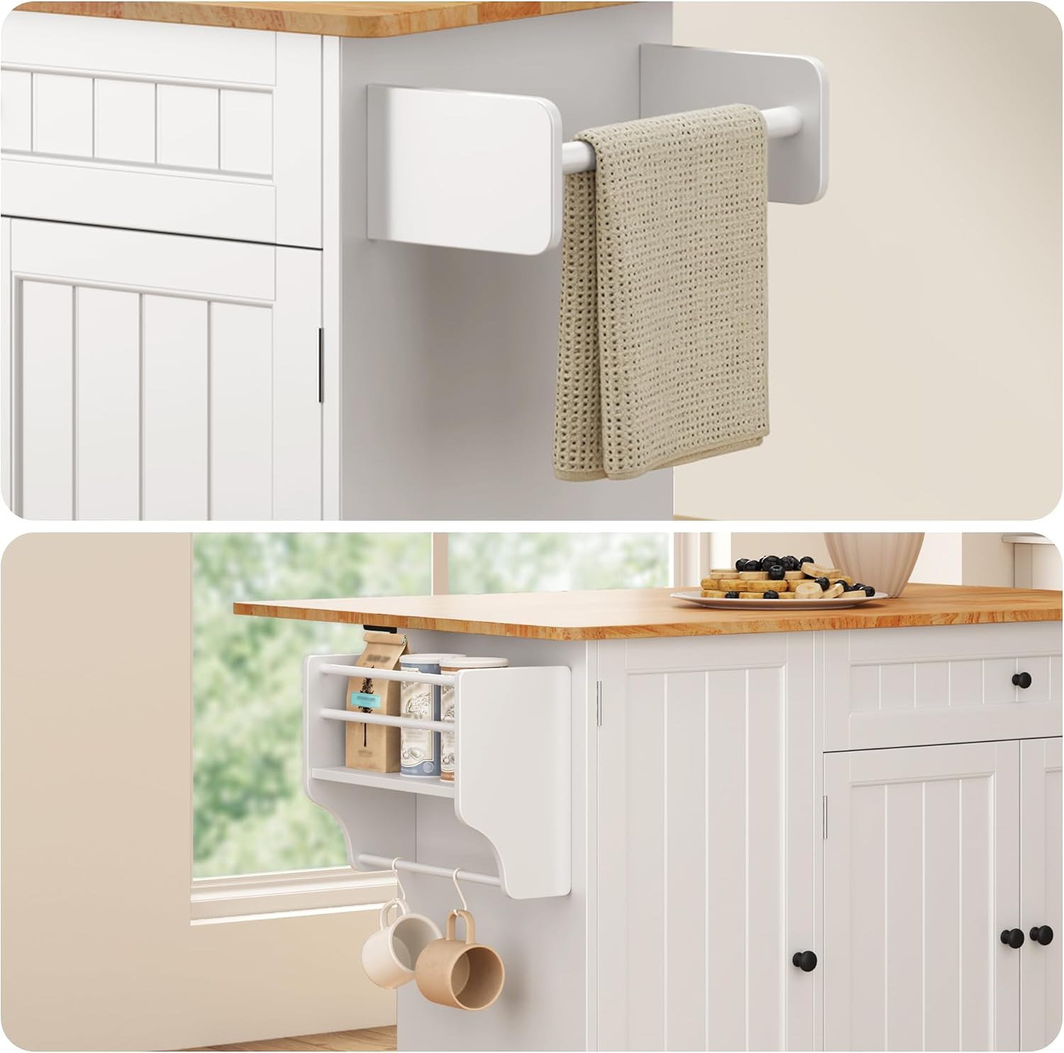 Ahomly Kitchen Island with Storage, Island Table for Kitchen with Drop Leaf, 5 Wheels, Interal Storage Rack, a Drawer, Spicy Rack and Towel Bar, Sufficient Countertop Space and Storage, White