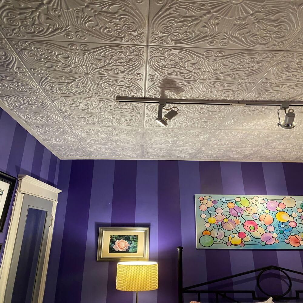À LA MAISON CEILINGS R139 Spanish Silver Foam Glue-Up Ceiling Tile (128 Sq. Ft./Case), Pack of 48, Ultra Pure White - Satin (Behr)