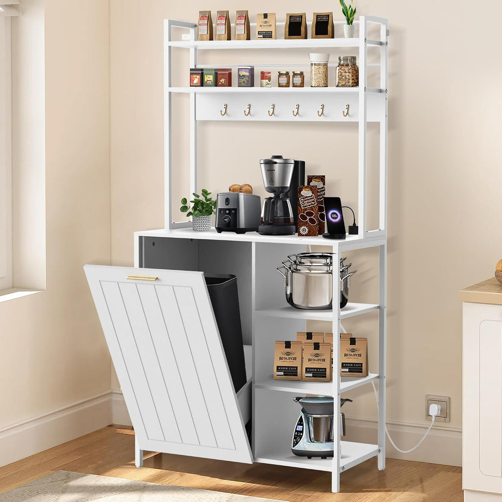 Kitchen Bakers Rack with Power Outlets, 63'H Microwave Oven Organizer with Tilt Out Trash Can Cabinet Storage Shelf 6 Tiers Coffee Bar Stand, Freestanding Pantry Hutch Rack with 6 Hooks (white)