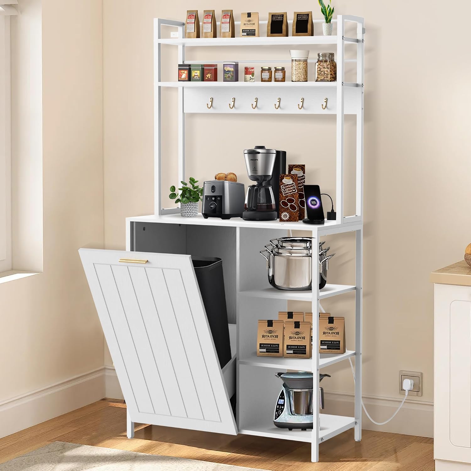 Kitchen Bakers Rack with Power Outlets, 63'H Microwave Oven Organizer with Tilt Out Trash Can Cabinet Storage Shelf 6 Tiers Coffee Bar Stand, Freestanding Pantry Hutch Rack with 6 Hooks (white)