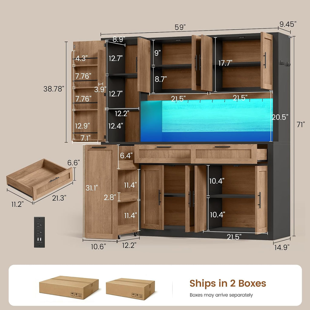 Itaar 71' Kitchen Pantry Cabinet with Charging Station and Led Light, Kitchen Storage Cabinets with Microwave Stand, 59' Wide Pantry Storage Cabinet with Storage Cart 3 Tier for Dining Room, Brown