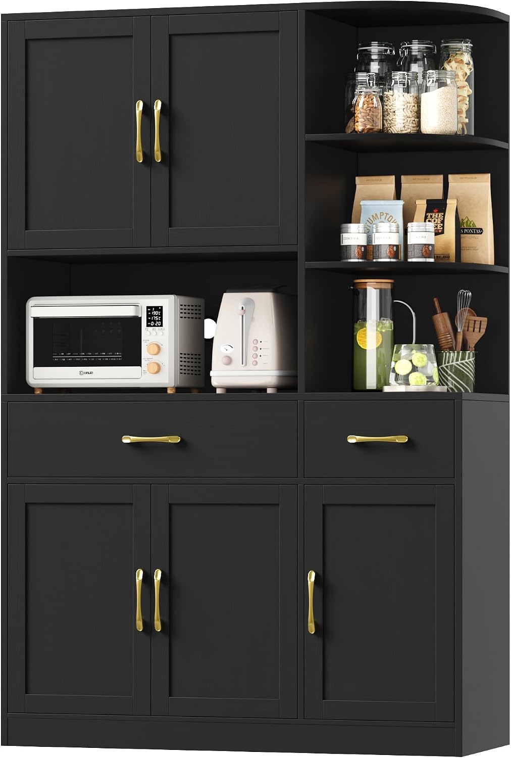 BOTLOG 67' Kitchen Pantry Cabinet, Modern Kitchen Hutch with 5 Doors and 2 Drawers, 3-Tier External Shelf, Large Pantry Storage Cabinet with Microwave Stand for Dining Room, Black