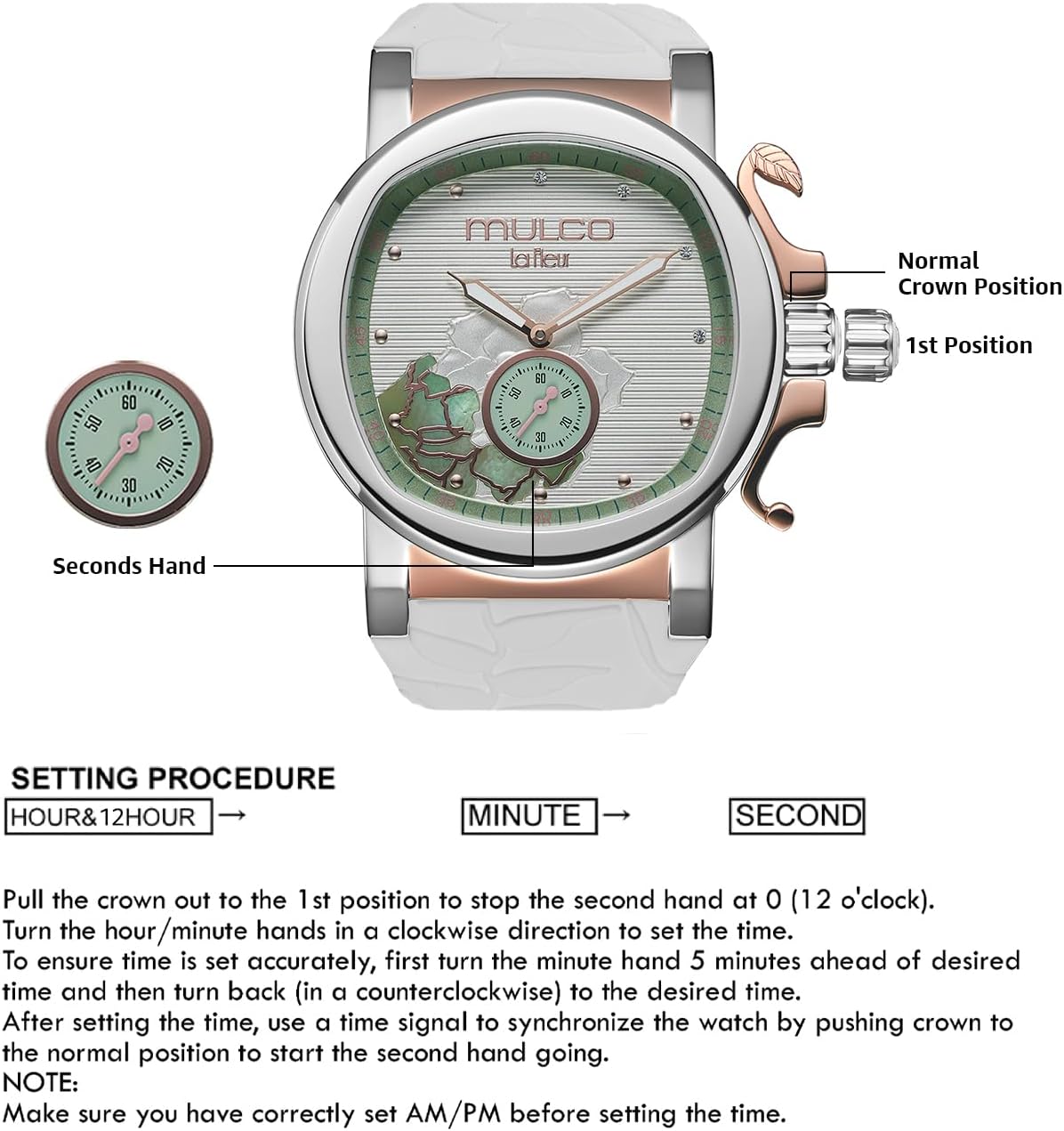MULCO Le Fleur Gardenia Women's Watch – 43 mm Stainless-Steel Case, Rose-Gold Bezel, Mother-of-Pearl Dial with Crystal Accents, Pure Silicone Strap, Quartz Multifunction Movement, 10 ATM Waterproof