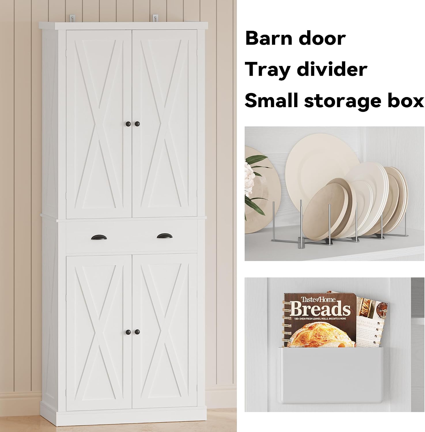 IRONCK Kitchen Pantry Storage Cabinet 83.9' H, with Barn Doors, Drawer, 4 Adjustable Shelves, Freestanding Cupboard for Dining Room Living Room, Laundry, White