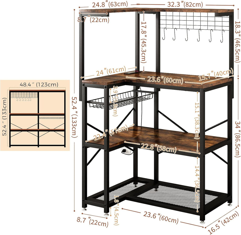 L-Shaped Bakers Rack with Power Outlet,4-Tier Corner Microwave Stand with Storage,Coffee Bar Station with 6 Hooks, Kitchen Shelf with 2 Installation Methods,for Living Room,Office,Rustic Brown