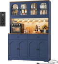 HIFIT 71' LED Kitchen Pantry Cabinet with Power Outlet, Large Kitchen Hutch Cabinet with 2 Storage Drawers & Arched Door, Countertop & Hooks, Tall China Bar for Dining Living Room (Blue)