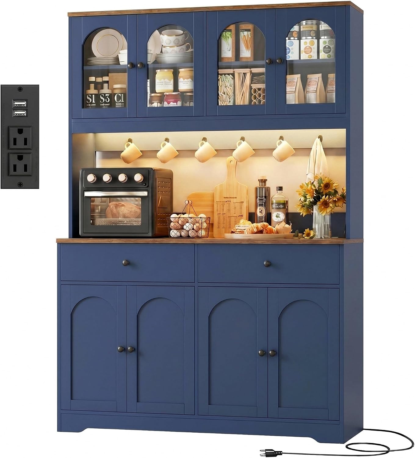 HIFIT 71' LED Kitchen Pantry Cabinet with Power Outlet, Large Kitchen Hutch Cabinet with 2 Storage Drawers & Arched Door, Countertop & Hooks, Tall China Bar for Dining Living Room (Blue)
