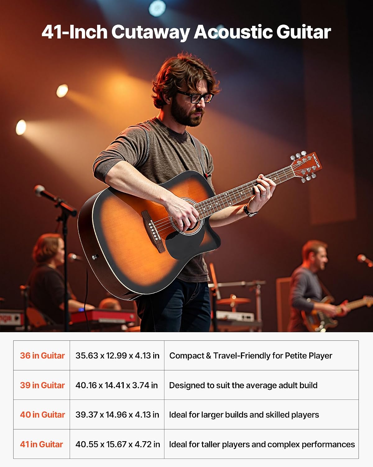 VEVOR 41 in Cutway Acoustic Guitar, 6-String, Sunburst Solid Spruce Top Guitar, Beginner Bundle with Gig Bag, Tuner, Strap, Steel Strings, Picks, Capo, Rosewood Fingerboard, for Fingerstyle Solo Jazz