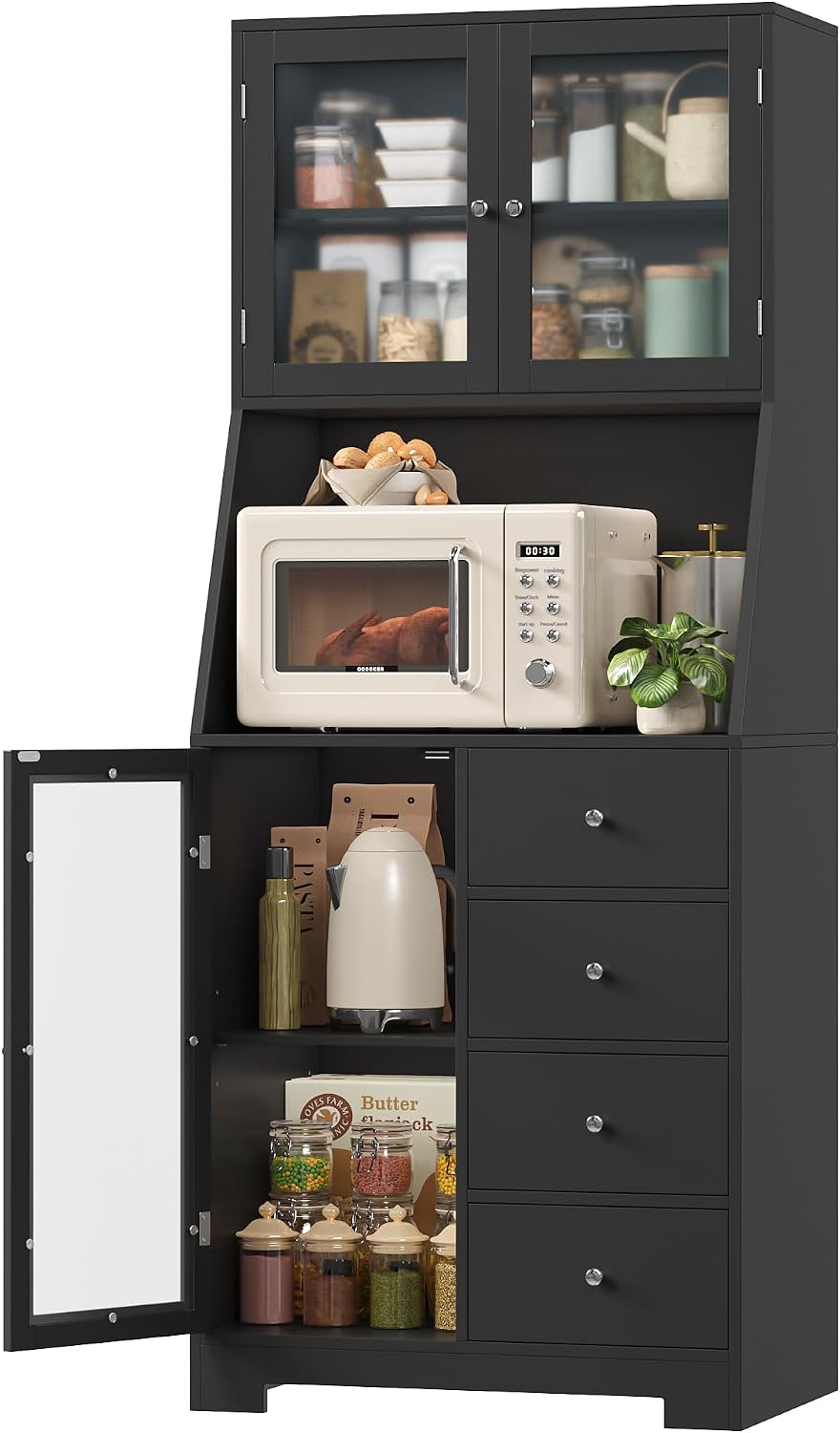 BOTLOG 64'' Kitchen Pantry Storage Cabinet, Tall Kitchen Storage Cabinet with Microwave Stand, Hutch Cabinet with Adjustable Shelves, for Dining Room, Black