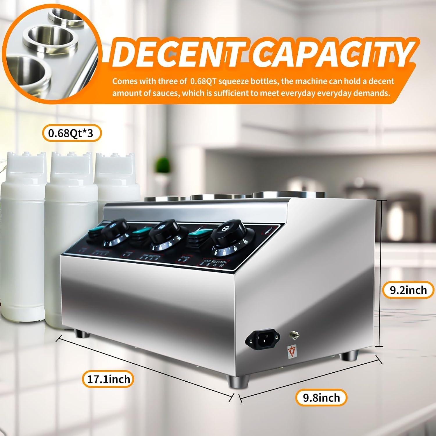 KOOTEN Electric Cheese Sauce Warmer Dispenser,Cheese Warmer Hot Chocolate Warmer and Dispenser 0.68x3 Qt Commercial Cheese Dispenser Bottle Warmer 86-185℉Nacho Cheese Warmer with Bottles