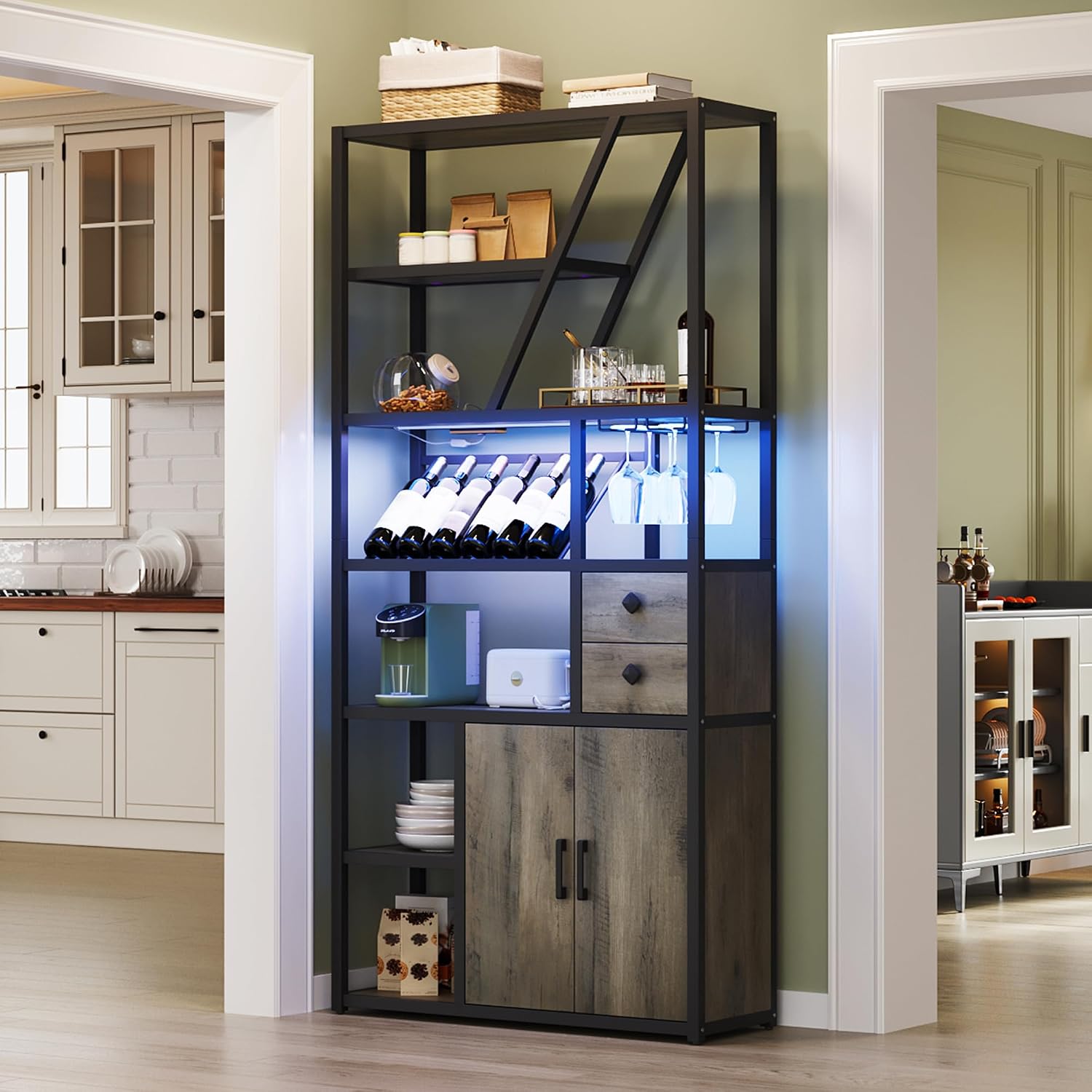 GAOMON Bar Cabinet with Power Outlets, 71.2' Tall Wine Liquor Cabinets with LED Lights and Glass Holder, Coffee Bar Station for Living Room, Microwave Stand Bakers Rack Cabinets, Grey