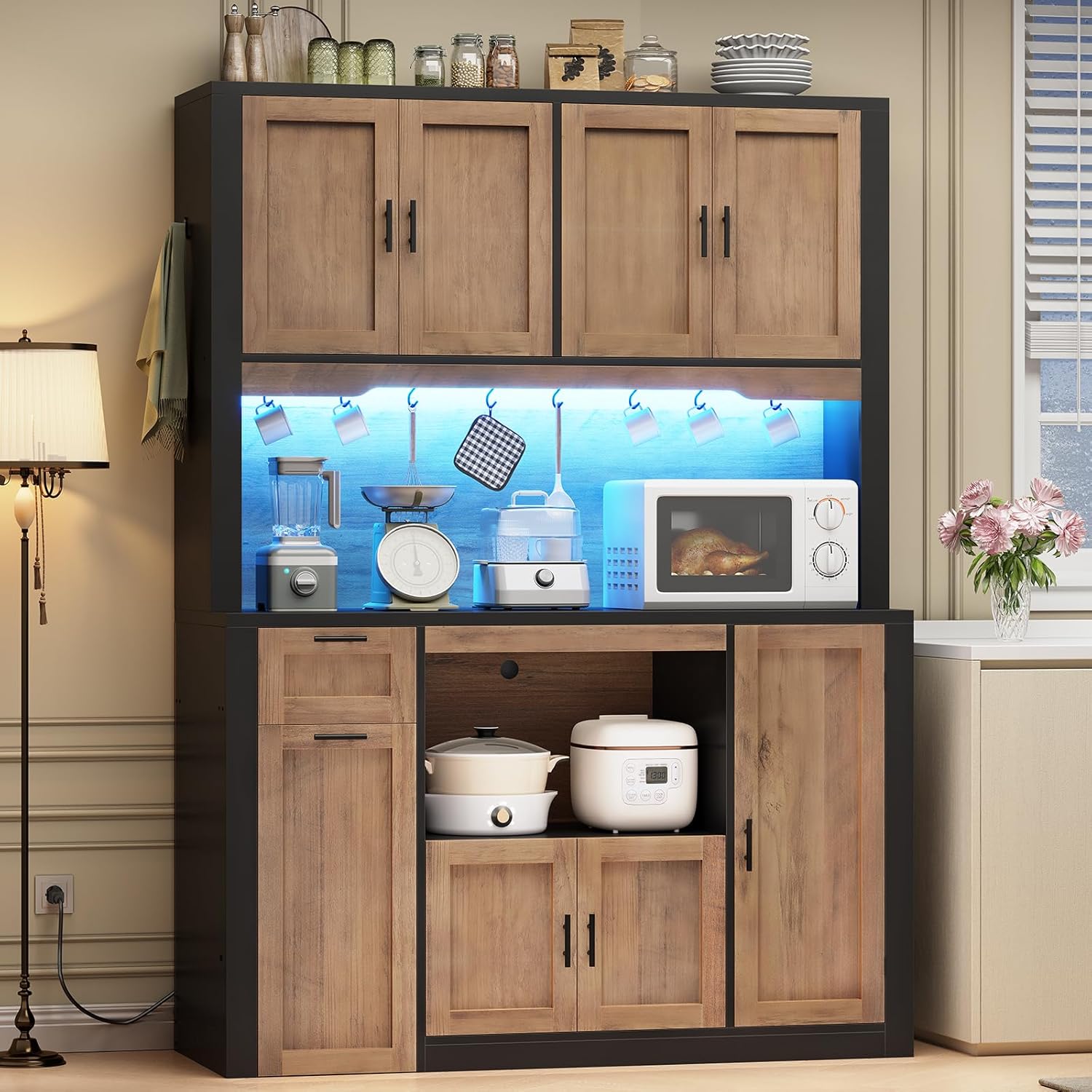 Itaar 71' Pantry Cabinet with Charging Station and LED Light, Kitchen Pantry Cabinet with Microwave Stand, 47.2' Wide Kitchen Storage Cabinets with Storage Cart 3 Tier for Dining Room,Brown