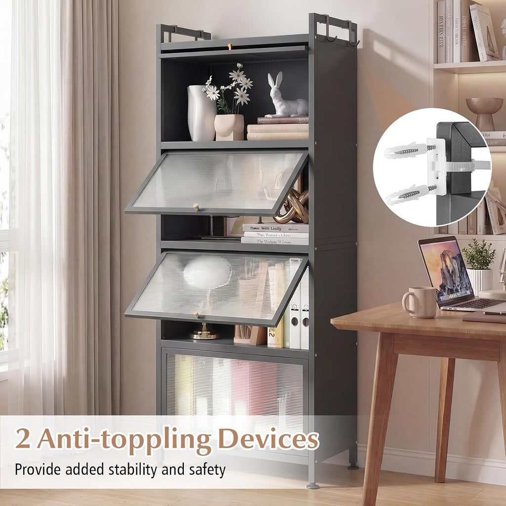 Giantex 5-Tier Kitchen Storage Cabinet, Freestanding Metal Pantry Cabinet w/ 4 Flip-up PC Doors, 4 Hooks & Adjustable Feet, 60' Tall Bakers Rack Microwave Stand for Dining Room, Living Room, Grey